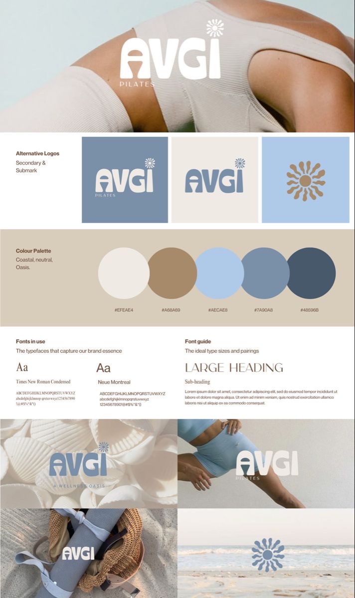 AVGI Pilates brand kit with logos, palette, and typography