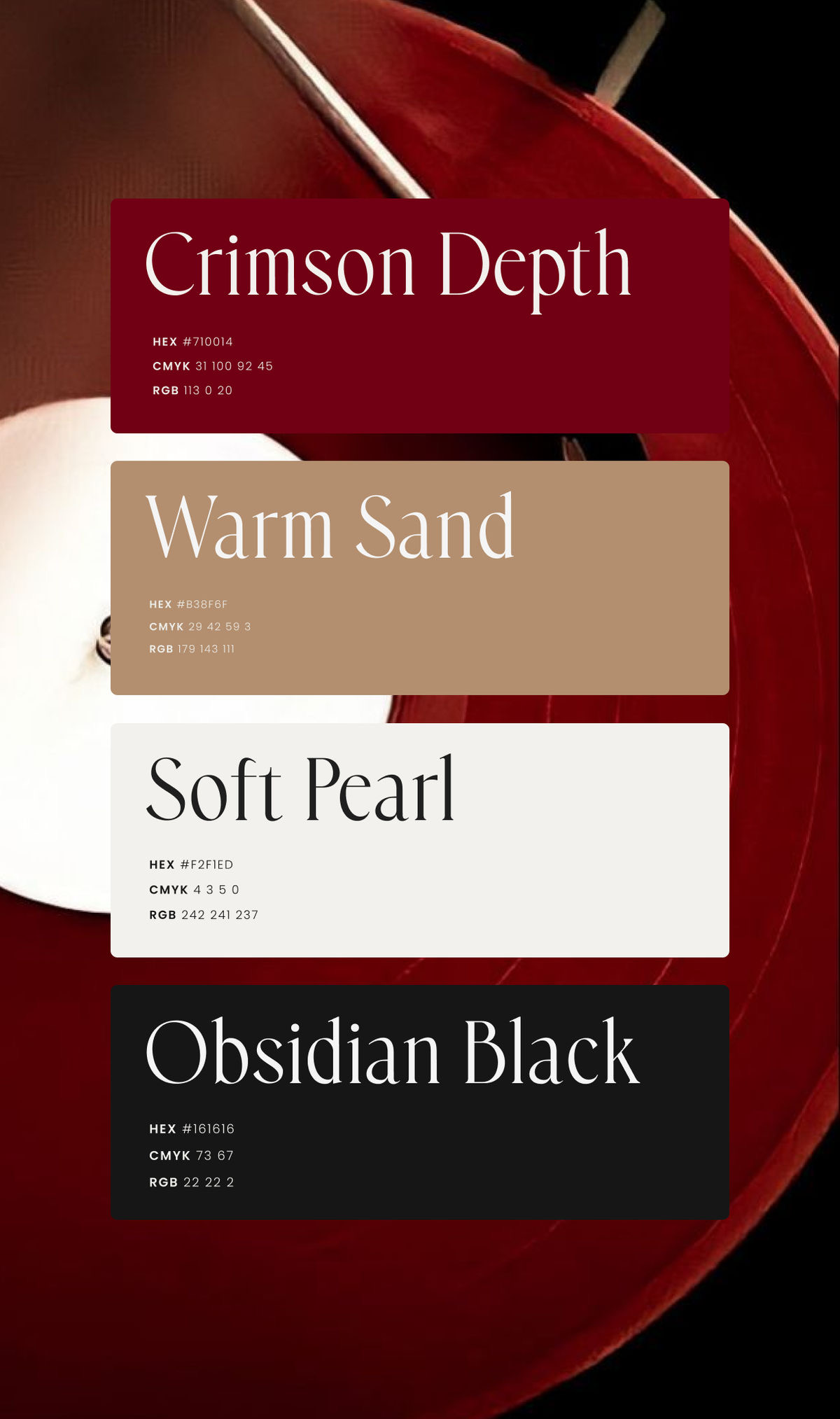 Crimson Depth, Warm Sand, Soft Pearl, Obsidian Black palette