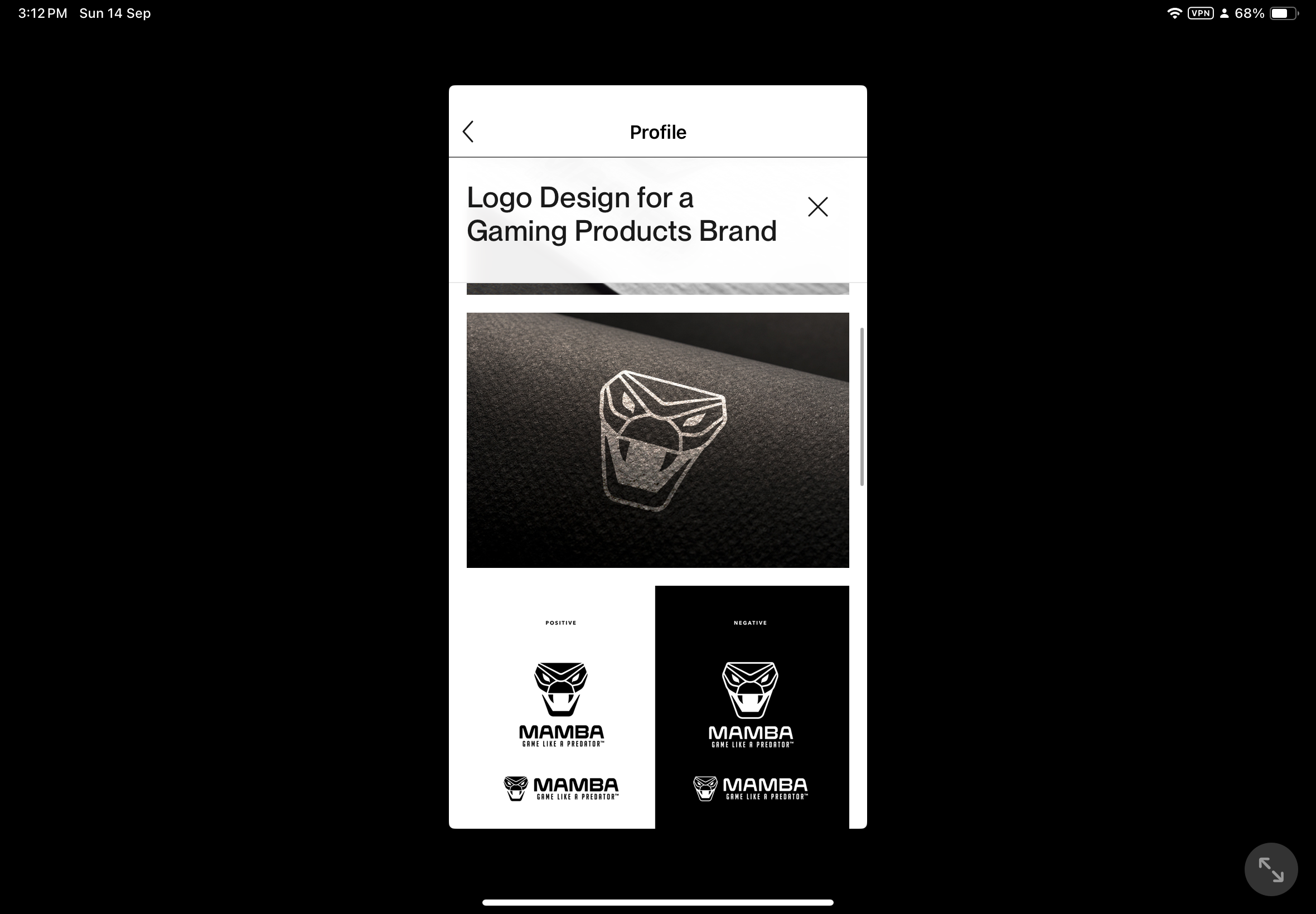 MAMBA gaming logo case study modal screenshot