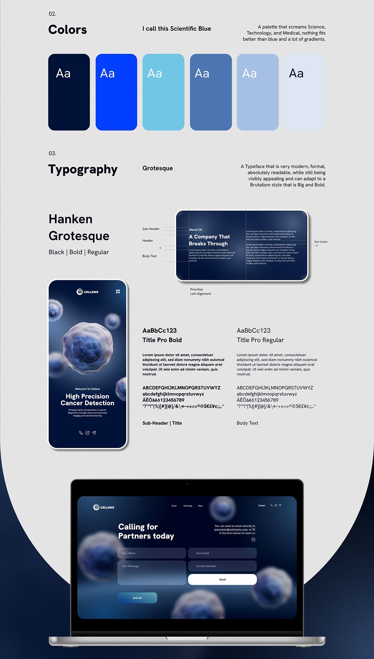 Scientific blue palette with Grotesque/Hanken typography