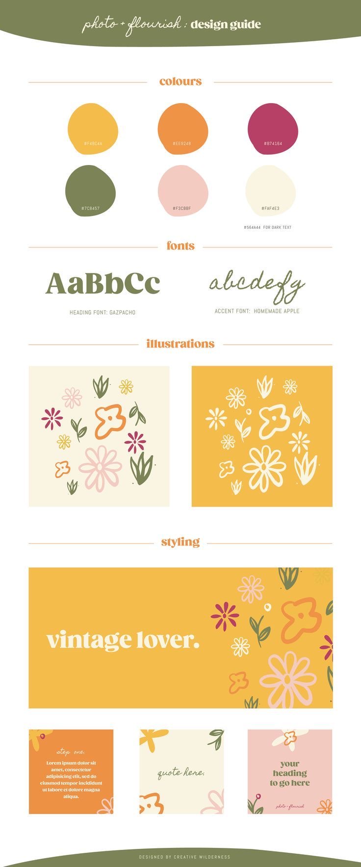 Vintage floral brand guide with pastel colors and illustrations