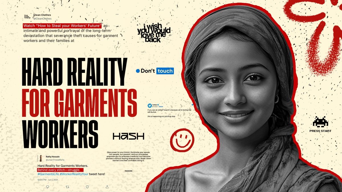 Editorial poster about garment workers with red outline