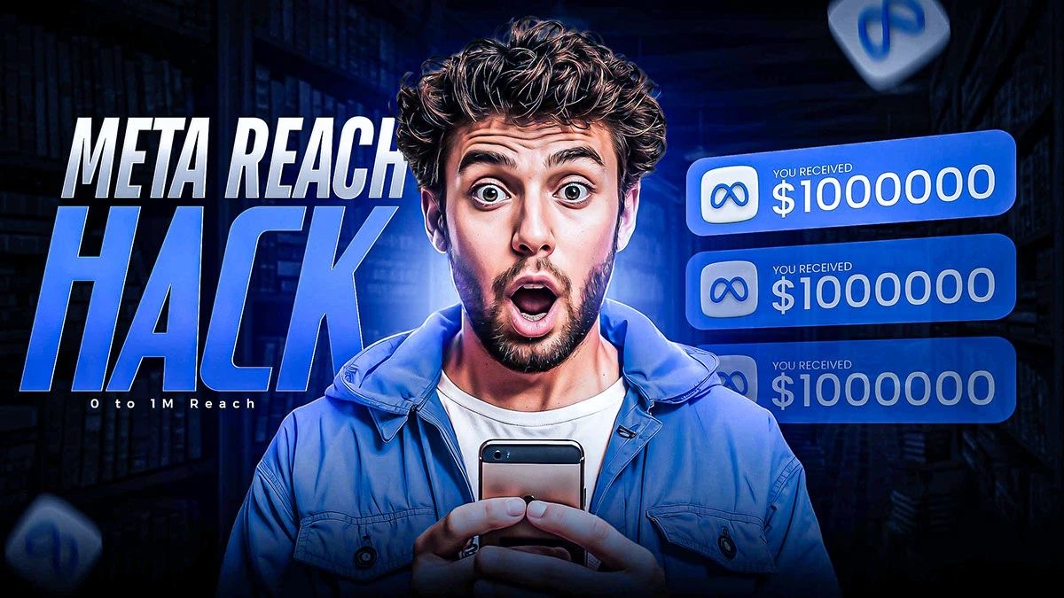 YouTube thumbnail: Meta reach hack in blue tones