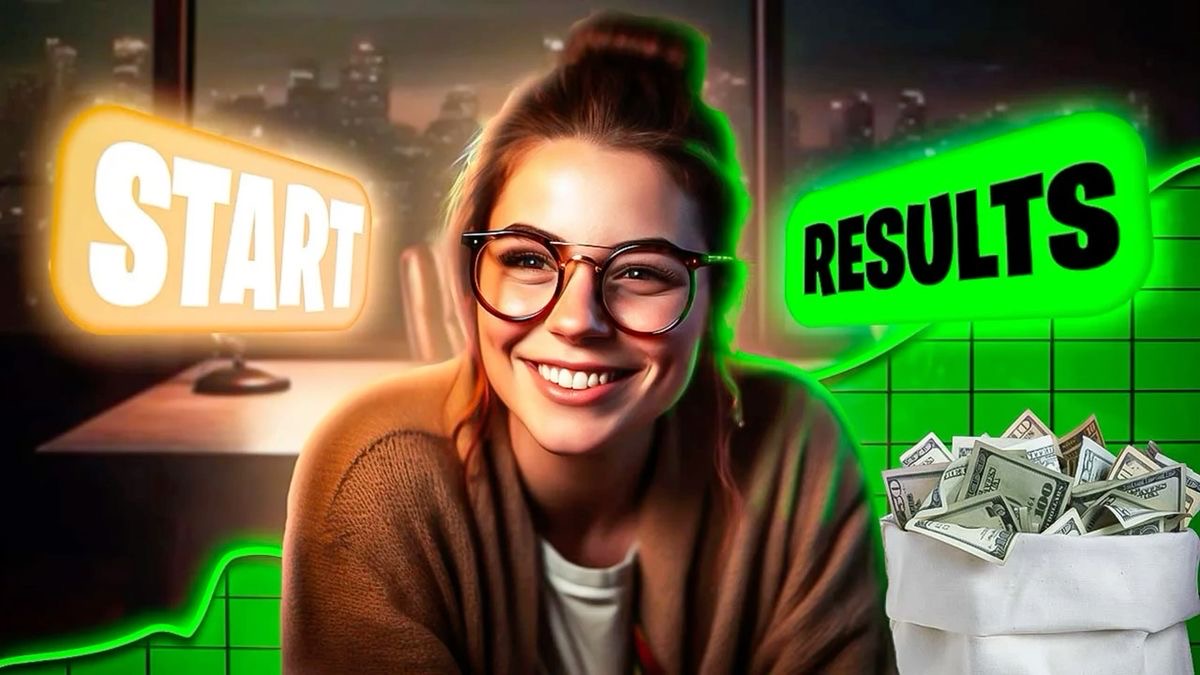 YouTube thumbnail: Start vs Results neon style