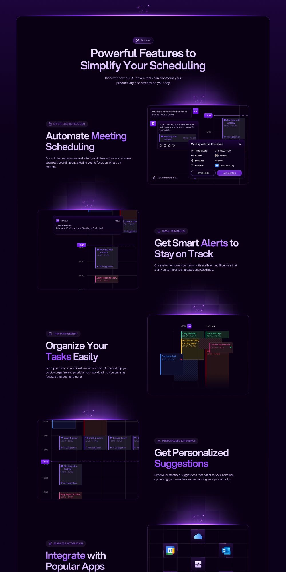 SaaS features landing with dark neon style