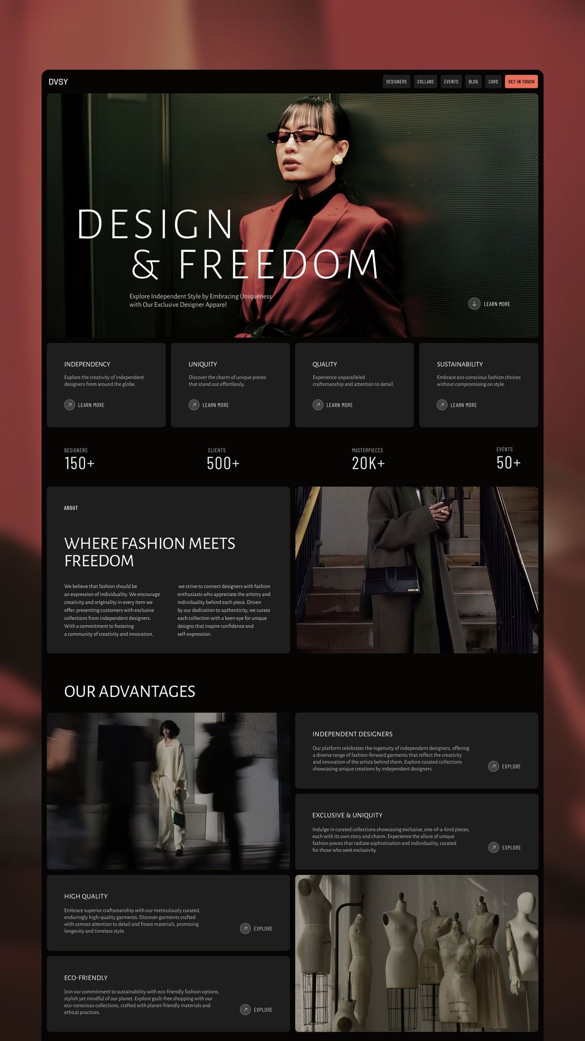 Fashion platform landing with editorial layout
