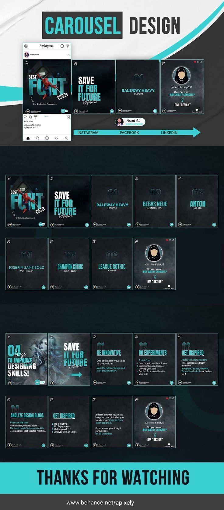 Teal on dark carousel design pack with fonts and tips