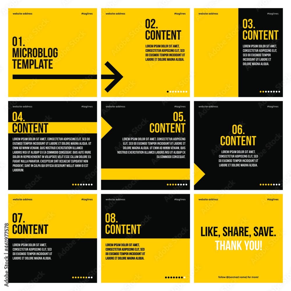 Yellow and black microblog carousel 3x3 template set