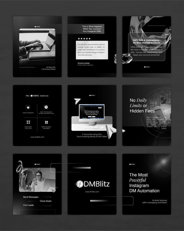 Monochrome DM automation carousel mockups