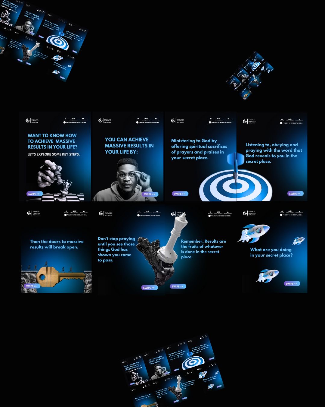 Dark carousel series with chess, target, rocket visuals