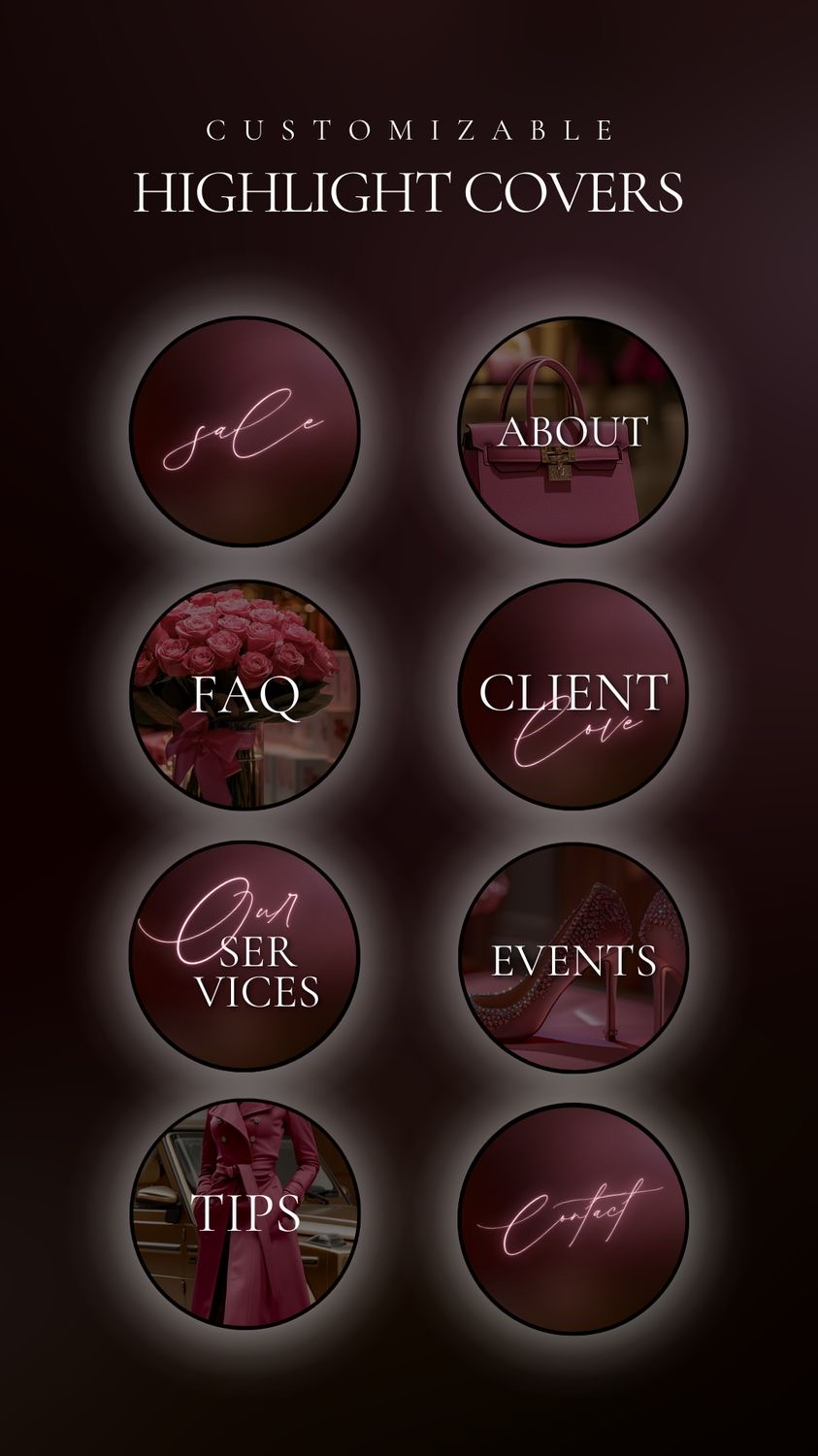 Burgundy luxury highlight covers set with script labels