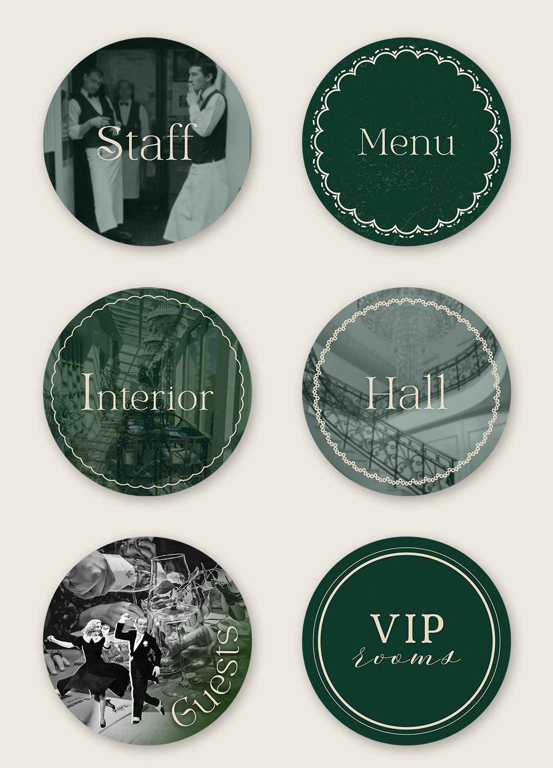 Vintage green circular highlight covers: Staff, Menu, Interior, Hall, Guests, VIP rooms